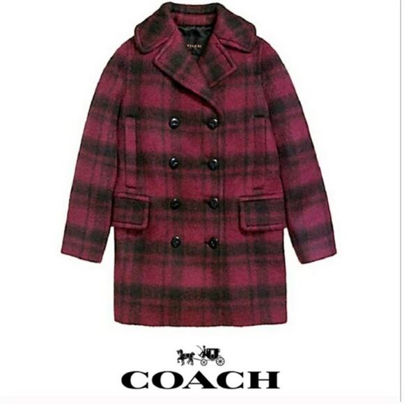 Coach | Plaid Maroon Wool Alpaca Coat Red Pea Coat Small - Picture 1 of 10